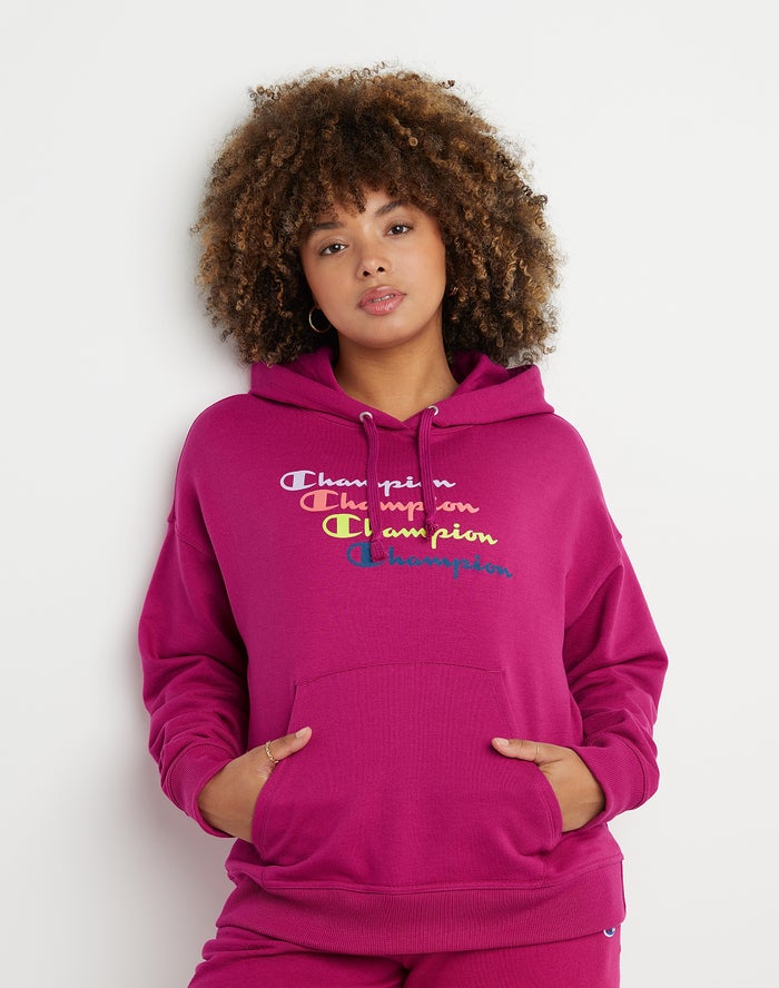 Sudadera Con Capucha Champion Mujer - Powerblend Fleece Relaxed Stacked Scripts Logo ( Rosas ) 78614